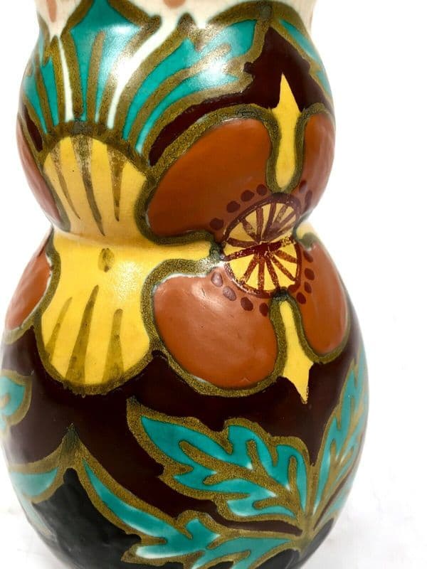Antique Gouda Pottery Jug / Vase / Art Deco / Brown Yellow Green / 1920's